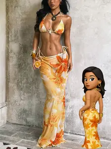 3pcs Women's Swimsuit, Sexy Bikini Sexy Style  ombre hisbicus floral   print, Flower Print Bikini,Elegant Retro Swim max dress Coverups Beach Outfits For Woman Christmas party outfit ,gift for her，velentines vacation