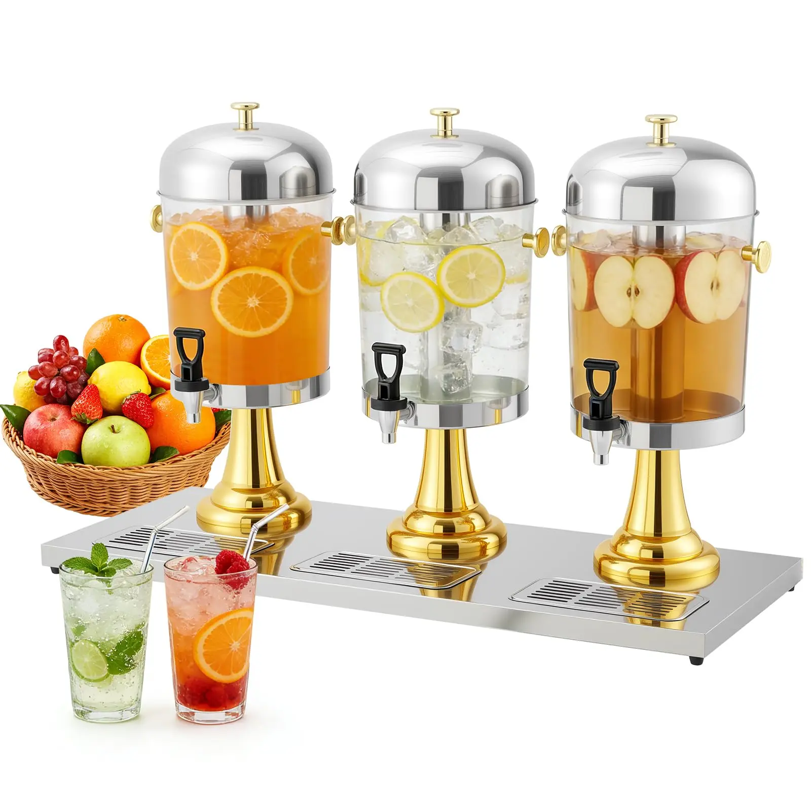 3 x 2.2 Gallon Drink Dispenser, Large Drink Dispenser with Ice Core, Stainless Steel Beverage Dispenser with Stand for Cold Drinks for Cold Drinks, Juice, Lemonade, Iced Tea. Gold and Silver