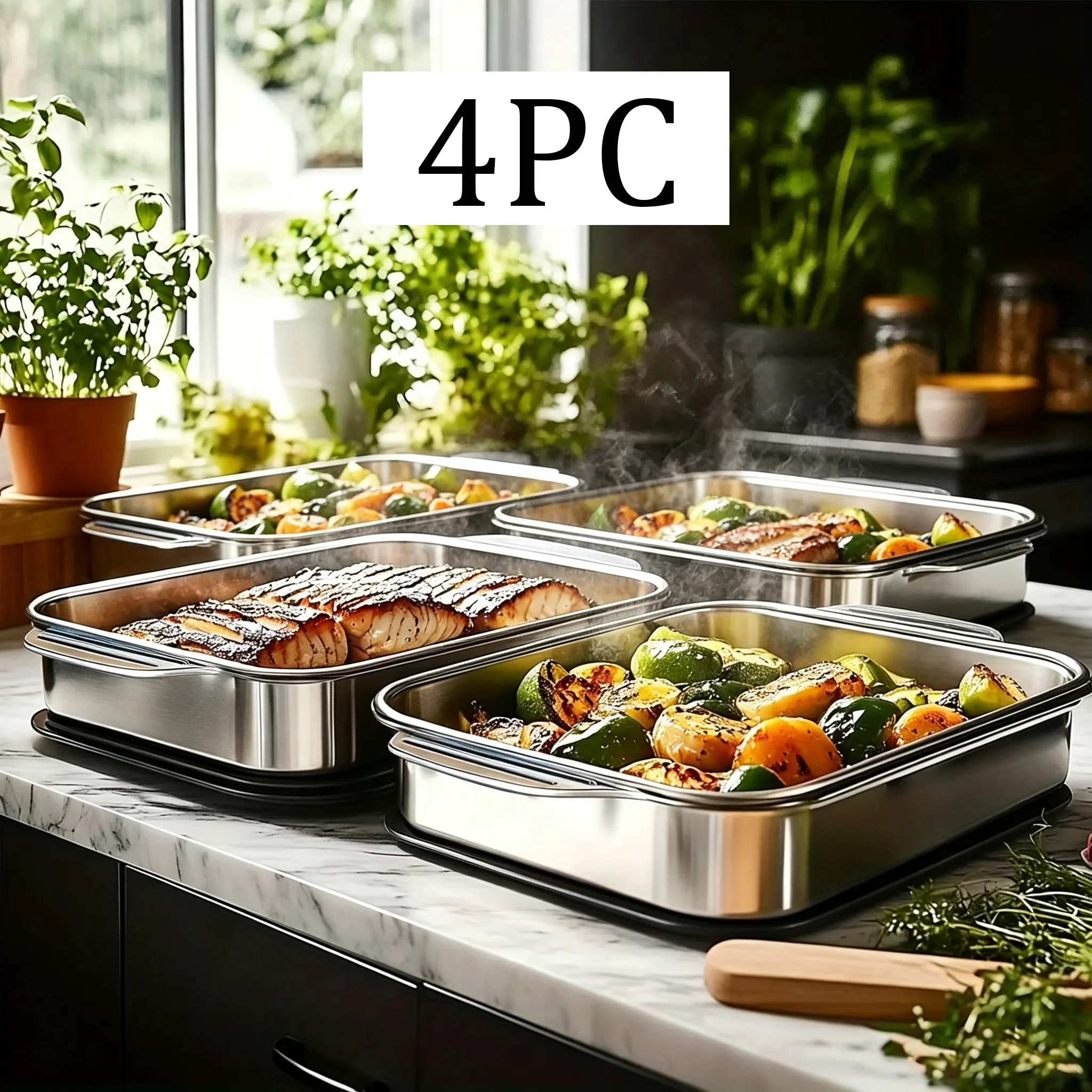 16x10x3in Set of 4 Extra Large Stainless Steel BakingPans with Lids -Non-Stick Thick-BottomedRectangular Oven Trays forDesserts Breadand Seafood Perfect for Grilling andBuffetServing Spacious Design Non-StickSurface Oven SafeBaking Pans Mother's DayGift