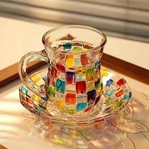 Elegant Plaid Pattern Colorful Glass Coffee Tea Cup Set with Saucer, European Style, Perfect for Home Kitchen Restaurant Café, Ideal for Holiday Parties
