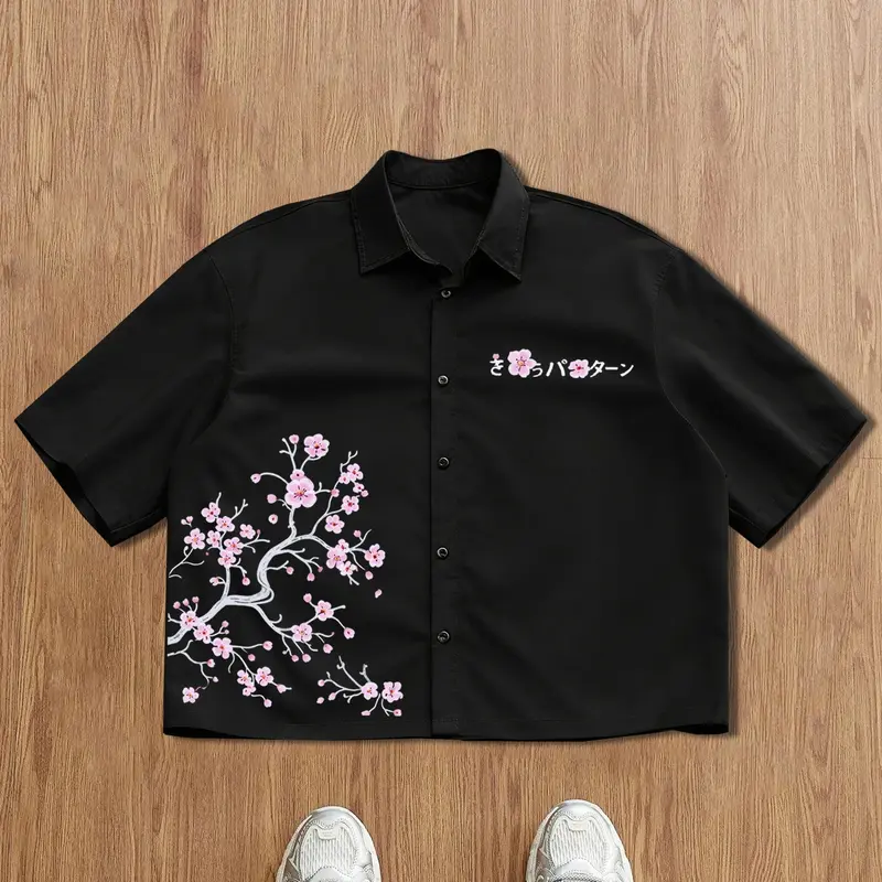 Street Style Button Front Loose Fit Casual Shirt, Unisex High Street Trendy Short Sleeve, Graphic Sakura Print Floral Design, All Seasons Wear, Top, Casual Outings Shirt