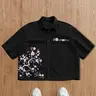 Street Style Button Front Loose Fit Casual Shirt, Unisex High Street Trendy Short Sleeve, Graphic Sakura Print Floral Design, All Seasons Wear, Top, Casual Outings Shirt