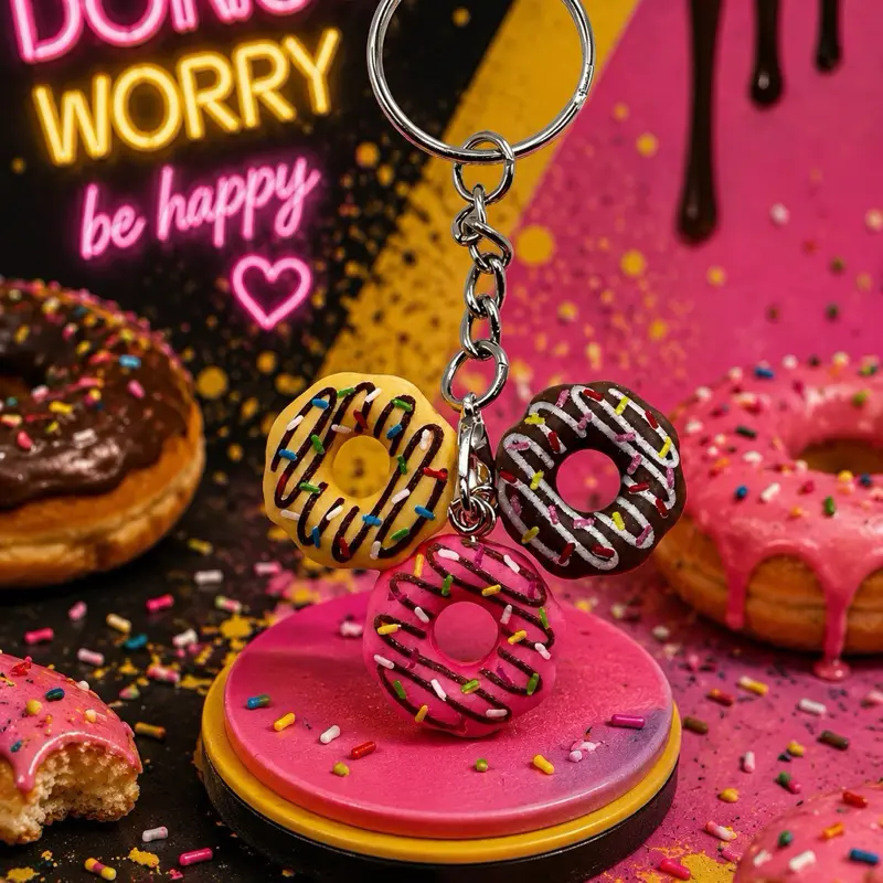 Donuts Keychain - Plastic Doughnut Design with Metal Ring, Functional Gift Accessory for Any Occasion