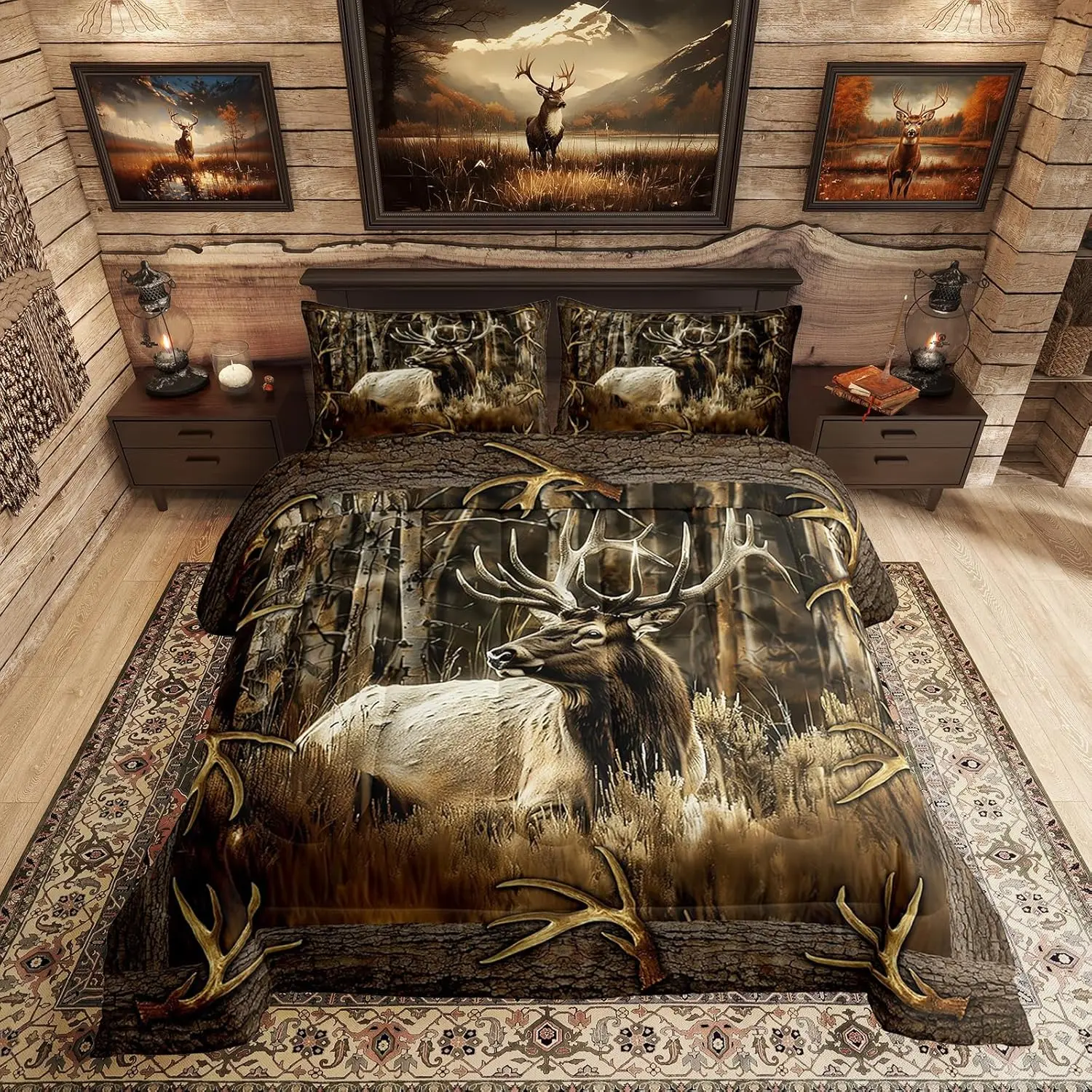 Feelyou Queen Size Microfibre Comforter Set - Western Bedding Quilt Bedspread with Rustic Farmhouse Woodland Design, Country Deer, Vintage Elk, Moose Antlers for Western Home Decor Bedroom Setup Duvet Insert, Western Bedding Set, Quilt Set Bedspread