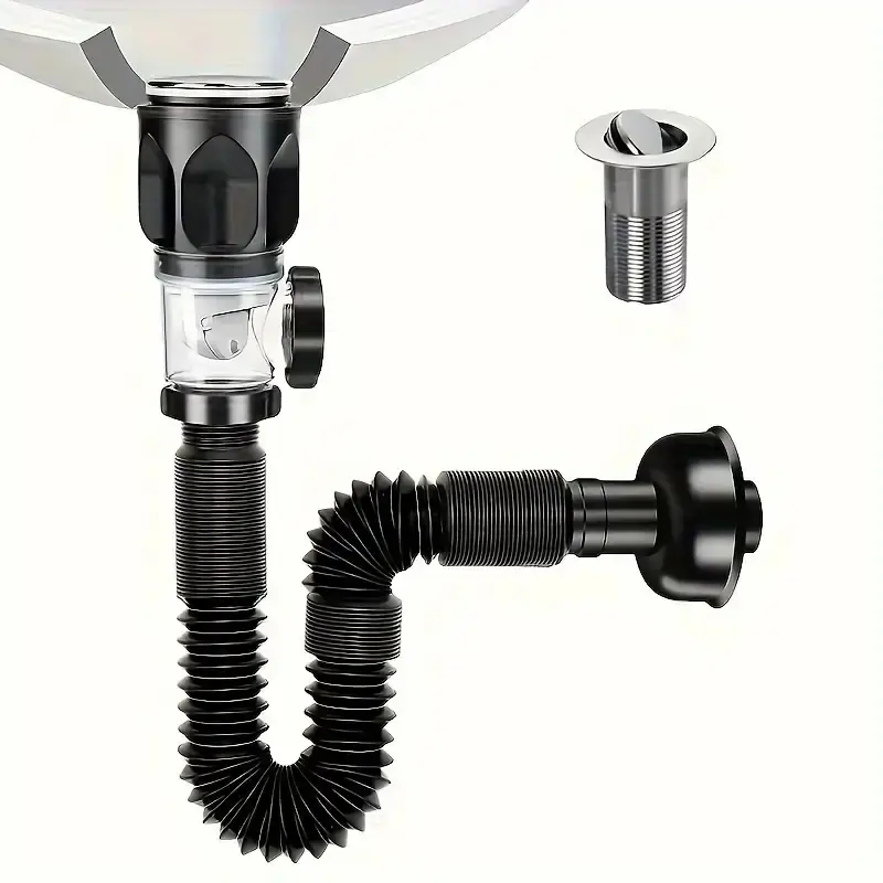 Easy Install Flexible Sink Drain Pipe, Odorless, Durable Stainless Steel & Abs, Anti-Clog, Rust Resistant, 32mm Connection, Bathroom Use, Bathroom Installation Supplies, Plumbing Accessories, Bathroom Fixture Accessories