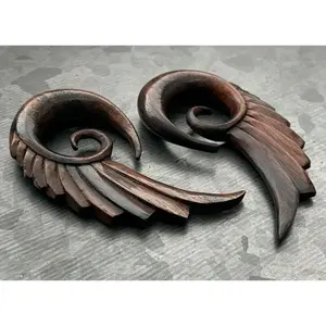 PAIR of Beautiful Hand Carved Organic Sono Wood Angel Wings Tapers/Plugs - Expanders - Gauges 4g (5mm) thru 00g (10mm)