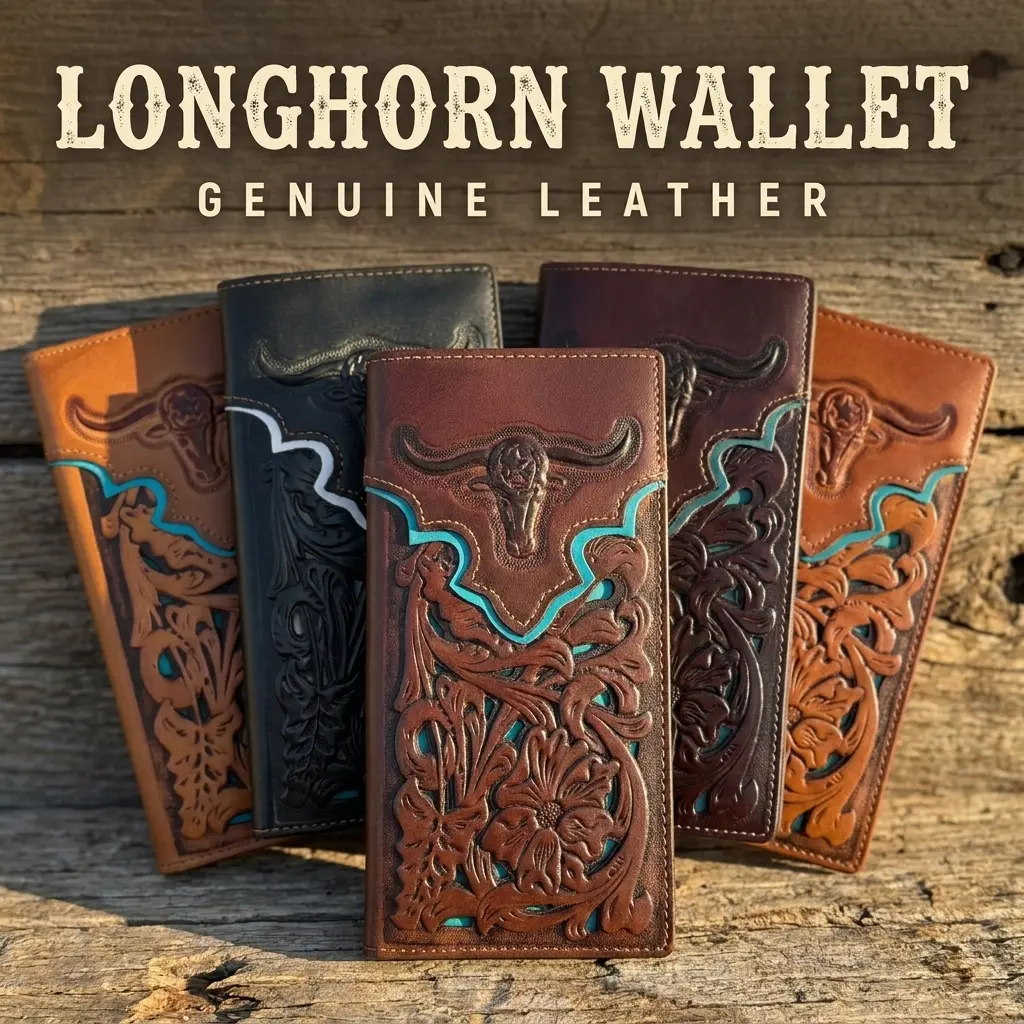 Western Long Leather Wallet – Floral Tooled Rodeo Bifold with Longhorn Design – Cowboy Checkbook Wallet for Ranch & Rodeo Style