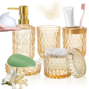 5-Pack Gold Glass Waterproof Bathroom Organizer Set - Leak-Proof Accessory Kit with Soap Dispenser, Soap Dish, Toothbrush Holder, Tumbler, Cotton Swab Jar (Ideal Home Supplies Gift), Water Proof