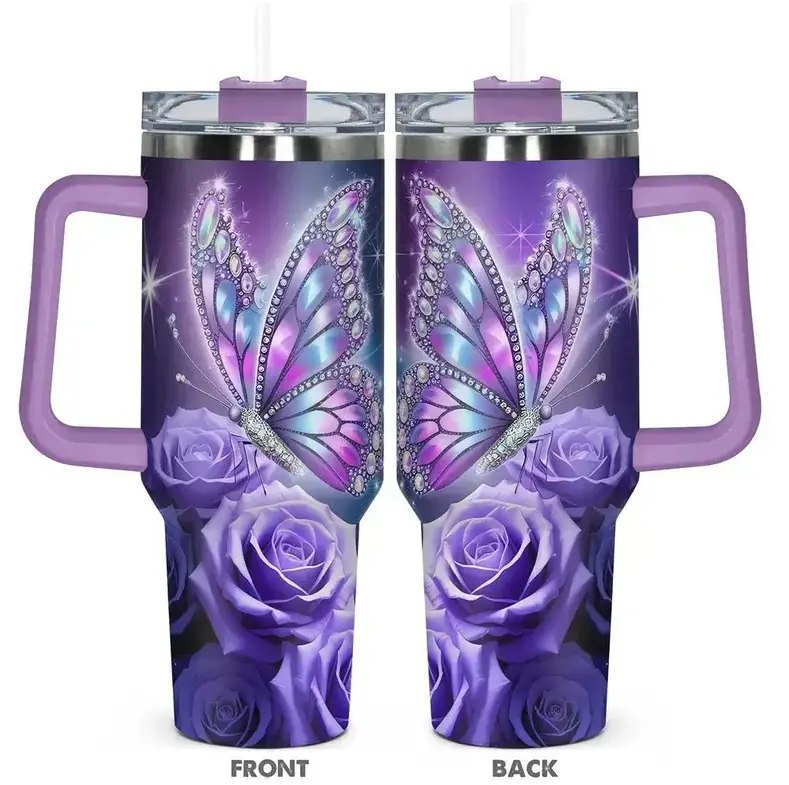 [Gift Box Included] 40oz, 20oz Butterfly & Rose Floral Nature Print Stainless Steel Tumbler with Handle and Straw Vacuum Insulated Travel Mug Fits Car Cup Holder Cool Gift for Women & Nature Lovers