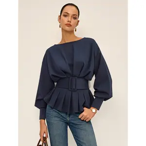 Boat Neck Peplum Sweatshirt with Wide Belt