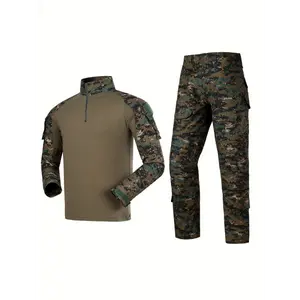 Men's Tactical Camo Gear Set - Durable Polyester Shirt & Pants with Camouflage Pattern, Long Sleeves, Zip-Up Collar, and Multiple Pockets for Outdoor Activities, Training, Running, and Military Events, Sports Outfit|Rugged Style|Smooth Text