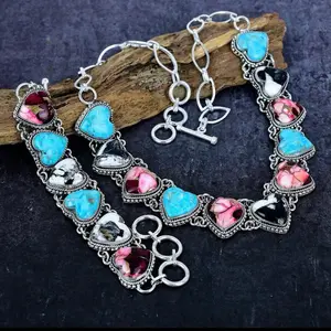 Multicolor Turquoise Heart Necklace and Bracelet Set - Buffalo Accent, Red Rose Dahlia, Kingman Turquoise