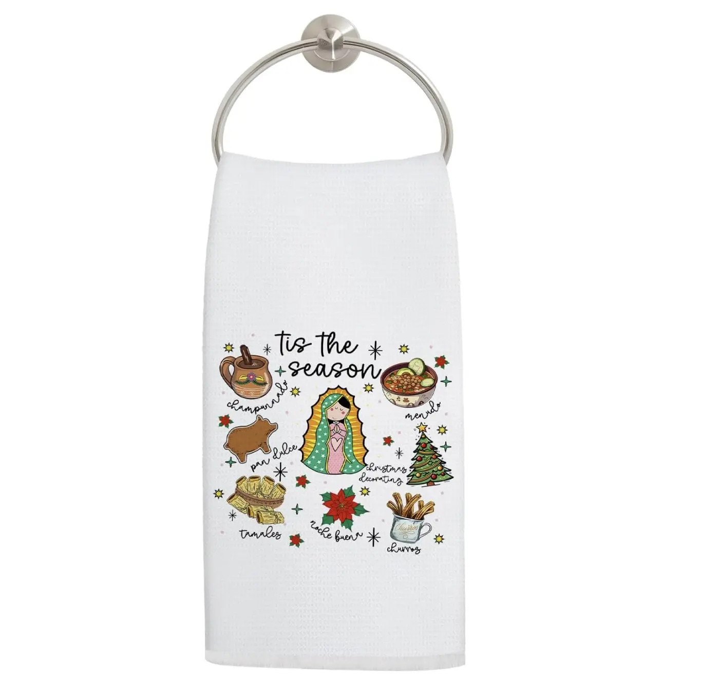Mexican Christmas Kitchen Towels, Holiday Xmas Hand Towels for Bathroom Decor, Mexican Abuelita and Pan Dulce Christmas Decorative Dish Tea Towel for Kitchen, 16x24 Inch