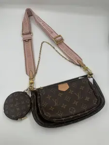 Pre-owned Louis Vuitton canvas Crossbody Bags Multi Pochette Accessoires Brown Monogram Crossbody Bag with Pink Strap & Chain Detail
