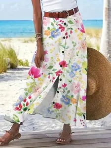 Summer Floral Midi Skirt for Women, High Waist A-Line Design, Front Button Closure, Slimming Beach Style, Colorful Patterned Skirt