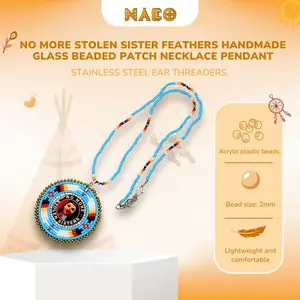 No More Stolen Sisters Handmade Glass Beaded Necklace – Feather Patch Pendant for MMIW Awareness