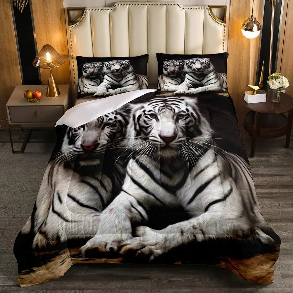Feelyou White Tiger Animal Print Comfy Decorative Bedding Set - Gray Black Striped Skin-Friendly Soft Warm Blanket, African Safari Quilted Animal Duvets & Sets for Kids