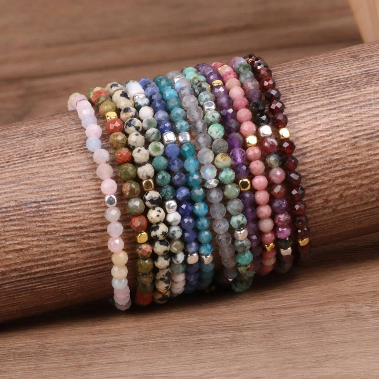 Natural Crystal Stone Beaded Bracelet, Dainty Minimalist Jewelry with Faceted Round Gemstones, Handmade Adjustable Stretch Bracelet for Women, Beaded Bracelets