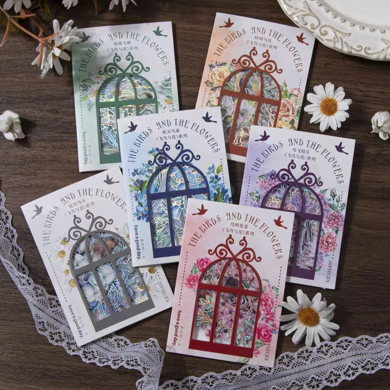 Laser Silver 3D Journal Stickers, Art Stickers, Bird & Flower Series, 6 Exclusive Designs, Floral Bird Theme, Glossy Shine, DIY Decorations