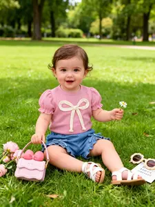 Baby Girl 2-Piece Set, Sweet Bow Decor Waffle Bubble Sleeve Top & Denim Shorts, Summer Play Vacation Beach Daily Outdoor Wear