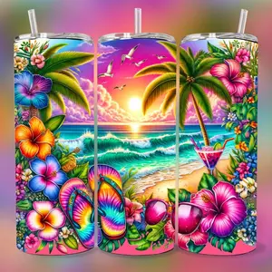 Summer Beach 20 oz Tumbler - BPA Free, stainless steel, Leak proof, durable, with clear lid