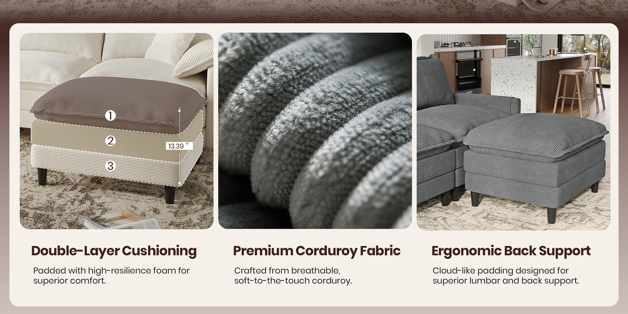 [2-3 Packages Shipping] Copiae 108" -143.7” L/U-Shaped Modular Cloud Sofa, Movable Dual-Function Ottomans Convertible to Coffee Table, Corduroy Sectional Couch with Three-Layer High-Resilience Foam Cushions, Easy Assembly for Apartment