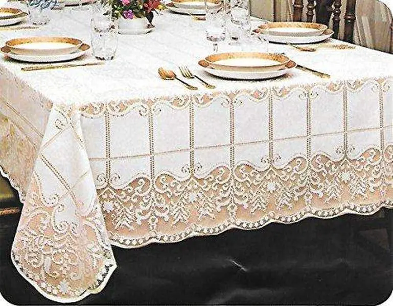 Lace Dining Tablecloth, Oblong 61x98 in, White Color, Seats 8-10 People