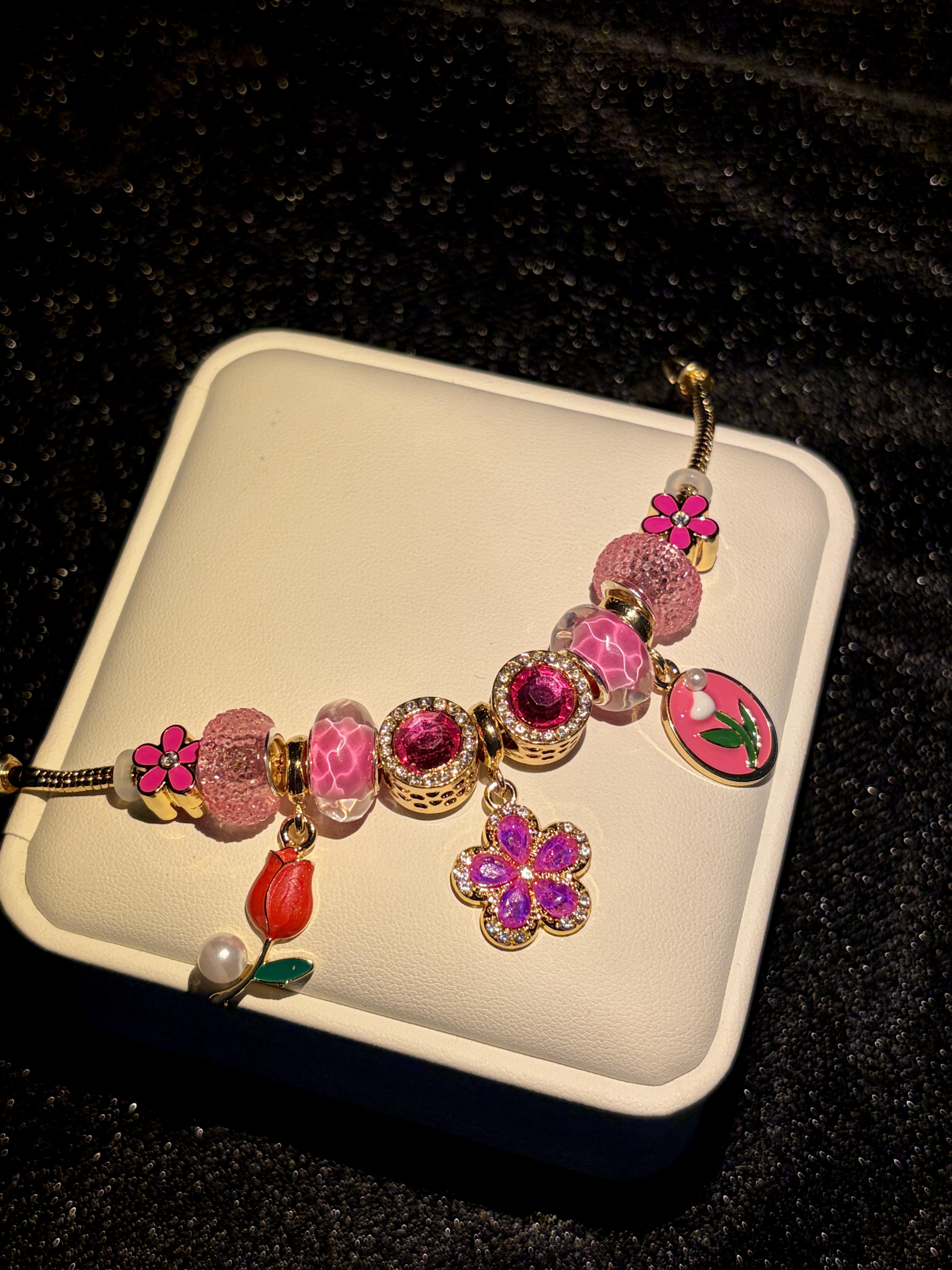 Fuchsia Pink Floral Charm Beaded Bracelet, Gold Plated Snake Chain Bracelet with Tulip & Crystal Beads, Elegant Jewelry Gift for Women