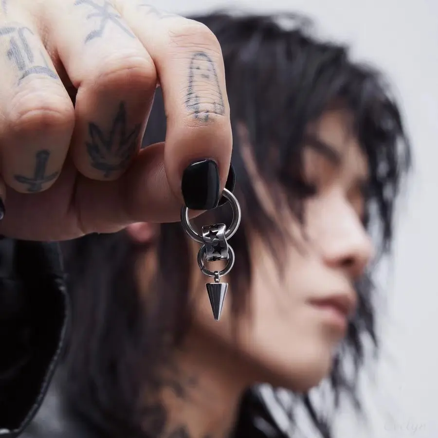 Unisex Three Star Embossed Spike Dangle Clicker Hoop Earring, Polished Stainless Steel Interlink Cartilage Huggie, Gothic Punk Cone Drop Piercing Jewelry for Men Women Alt Street Styling