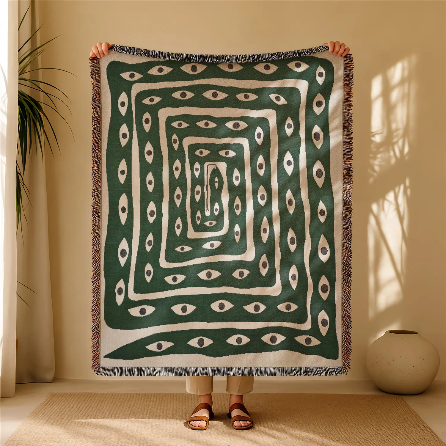 Green Snake Bohemian Yarn Jacquard Woven Blanket with Tassel, Thick Soft Washable Throw Blanket, Boho Style Blanket, Used for Home Decor Sofa Chair Bed Tapestry Tablecloth Floor Garden Picnic Outdoor Camping