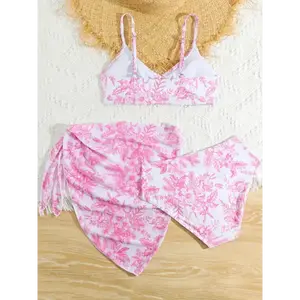 3pcs Girls Swimsuits Women'S Split Bikini Bathing Suits Adolescents Flower Print Bikini Set with Skirt Cover-up Swimwear Tankini Set Bikini Swimsuits for Girls 13 to 16 Years