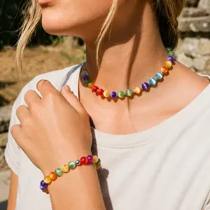 Avelo Casual 2-Piece Jewelry Set - Resin Rainbow Cat Eye Beads, UV-Reactive Color-Changing, Stainless Steel, Adjustable Length, 15.75in+1.97in Extender, 6.30-7.09in, 16g Daily Summer Beach Costume Bracelet+Necklace