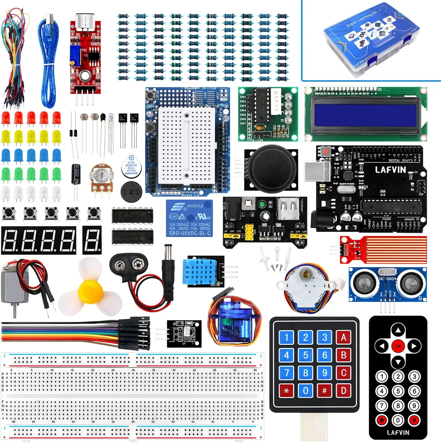 LAFVIN Super Starter Project Kit with USB, Resistors, AC-to-DC Adapter, I2C, LCD1602, 74HC595, Segment Display, LED Diodes - Compatible with Arduino R3 Mega2560, Mega328, Nano, Includes Tutorial, Works with Arduino IDE