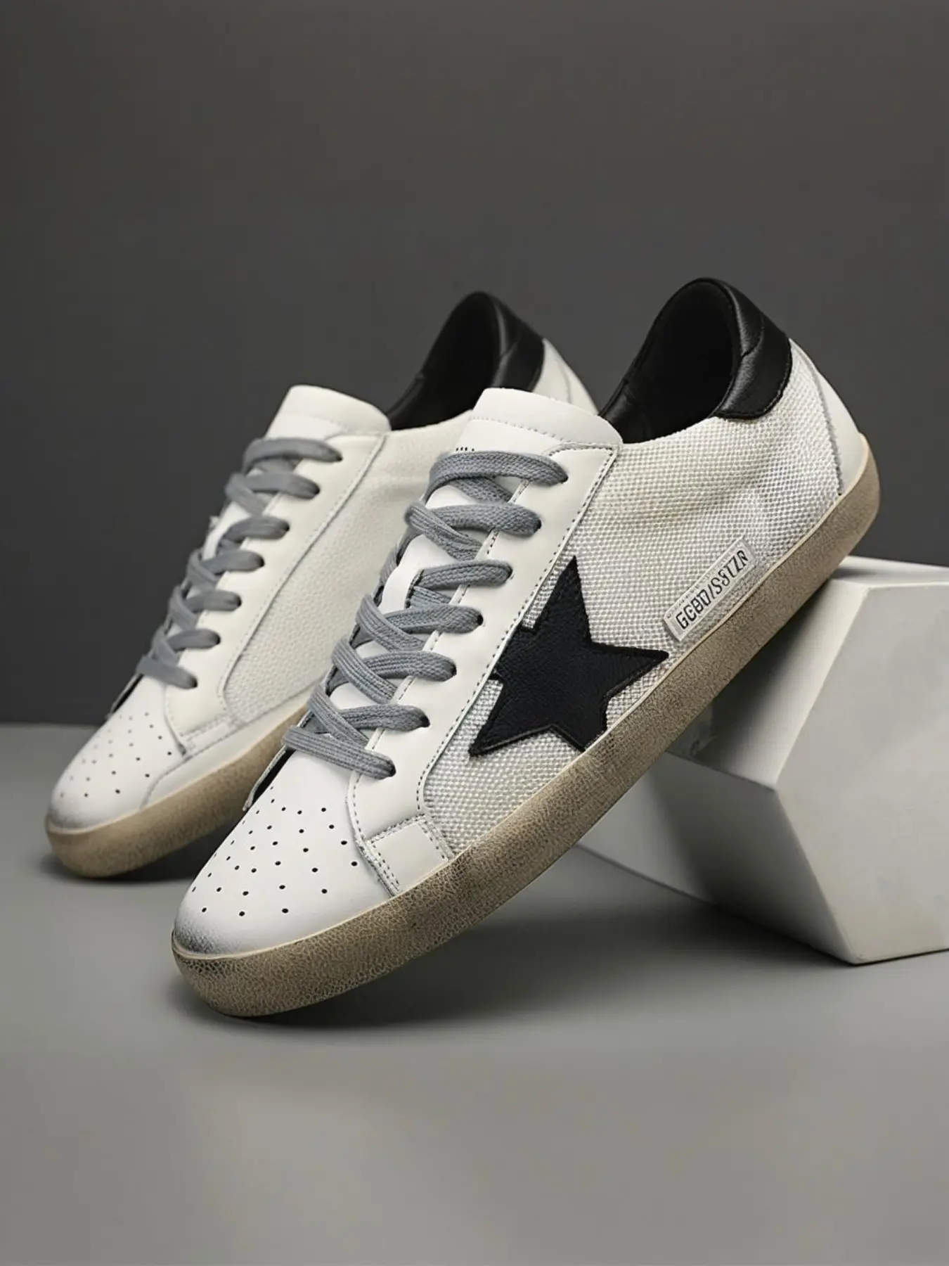 Men's Leather Star Sneakers, Vintage Lace-Up Sports Shoes, Breathable Mesh Design, Athletic Casual Sneakers, Casual All-Season Footwear, Durable Comfortable