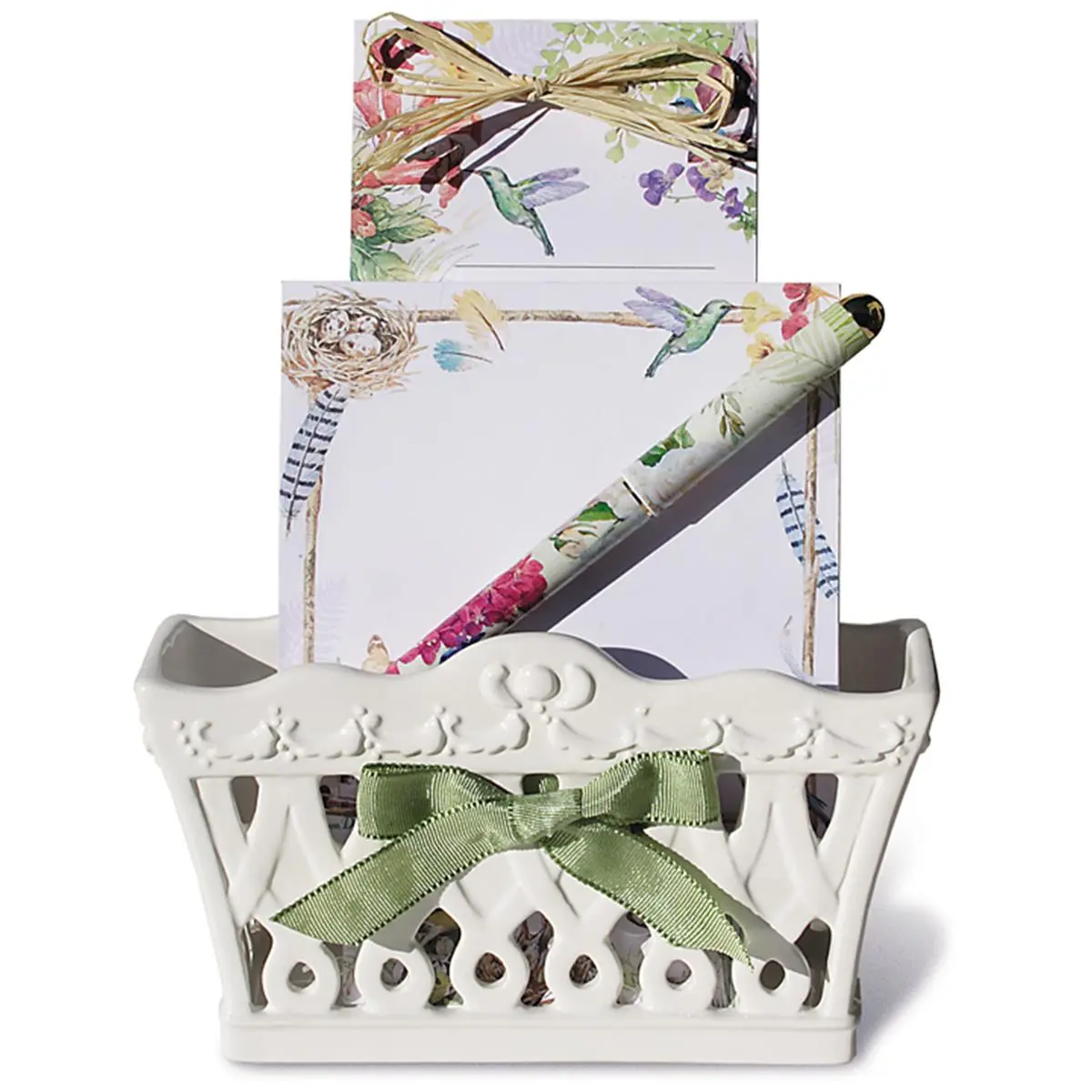 212 MAIN Lissom Design 4-Piece Wild Birds Ceramic Desk Accessory Set, Aesthetic Office Supplies Organizer for Home & Office Use, Ceramic Storage Accessory, Aesthetic Desk Accessories