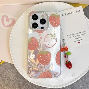 Cartoon Strawberry Bowknot Flower Case For  Vivo Y28S Y18S Y18 Y18E Y28 Y03 Y33S Y51S Y15S 2021 Y17 Y12 Y15 Y02S Y16 4G Y20 Y20I Y20S V30E 5G Gradient Girl Pendant Phone Cover Cases