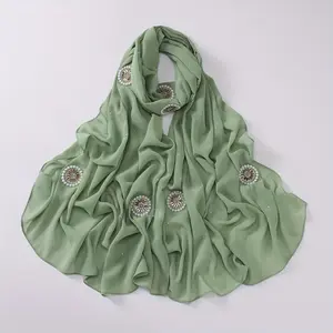 Glamorous Rhinestone Embellished Chiffon Hijab Scarf, Solid Color, Non-Stretch Polyester - Perfect for Ramadan