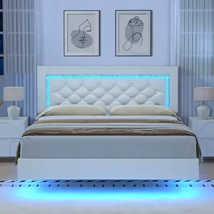 Single, double, and king-size bed frames with diamond-shaped headboards; floating upholstered bed frames with LED lighting; modern bed frames with sturdy slats; designed for use with springless mattresses; easy to assemble; available in single, double, an
