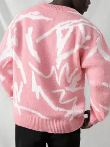 Men's Casual Graffiti Jacquard Pullover Sweater, Long Sleeve Spring & Fall Knitwear, Round Neck Colorblock Design, Warm Home & Outdoor Wear Stripe