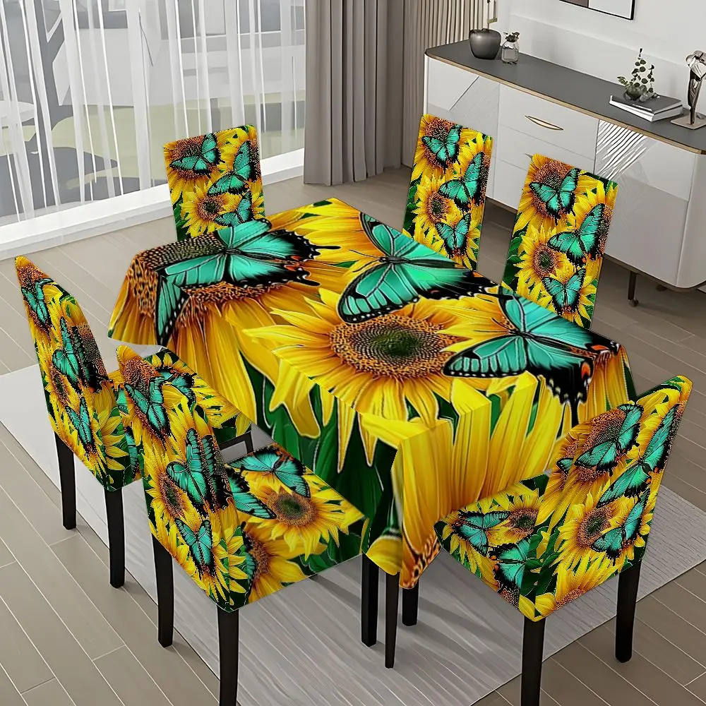 5/7-piece 2D Flat Printing Spring Yellow Blue Sunflower Butterflies Printing Pattern Tablecloth and Chair Cover Set, Chair Covers For Dining Chairs, for dining table and chair decoration, perfect for home, holiday gatherings, restaurants, and parties