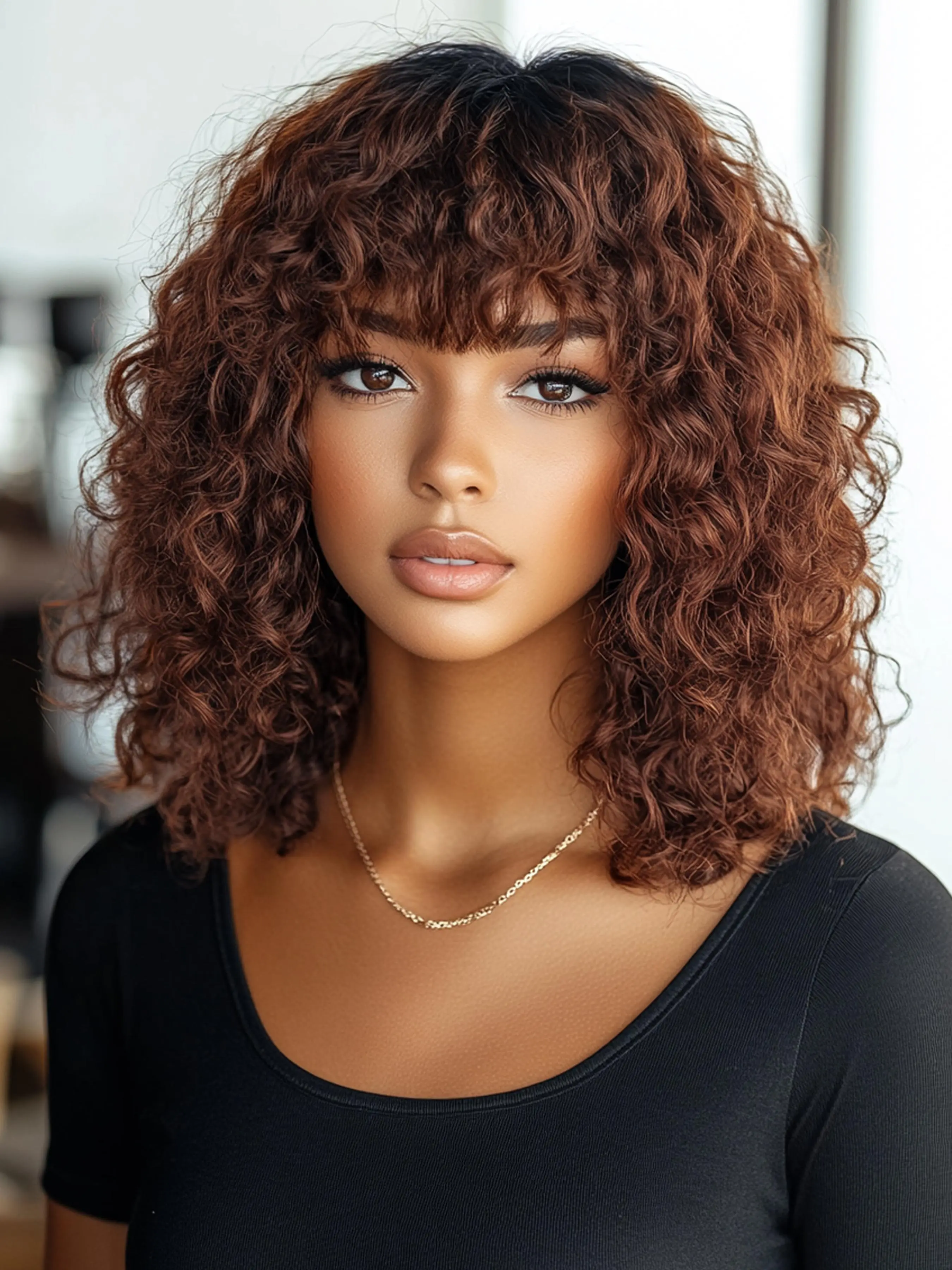 Brazilian Human Hair Bob Wig, Real Hair Wig, Medium Length, T1b/33 Ombre Blonde Color, Kinky Curly Texture, 180% Density, Pre-Stylished Bangs, Human Hair Wigs