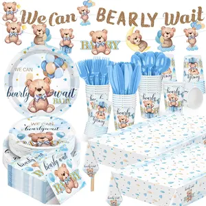 405 count Blue Bear Theme  Shower Tableware Set for Boy, Blue We Can Bearly Wait  Shower Plates and Napkins Supplies Include Tablecloth Banner Cups for 50 Guests
