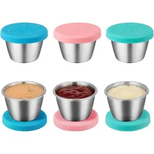 [6 Pack 2.4oz] Stainless Steel Dressing Container with  ,  Leakproof Condiment Containers Small Sauce Container Sets