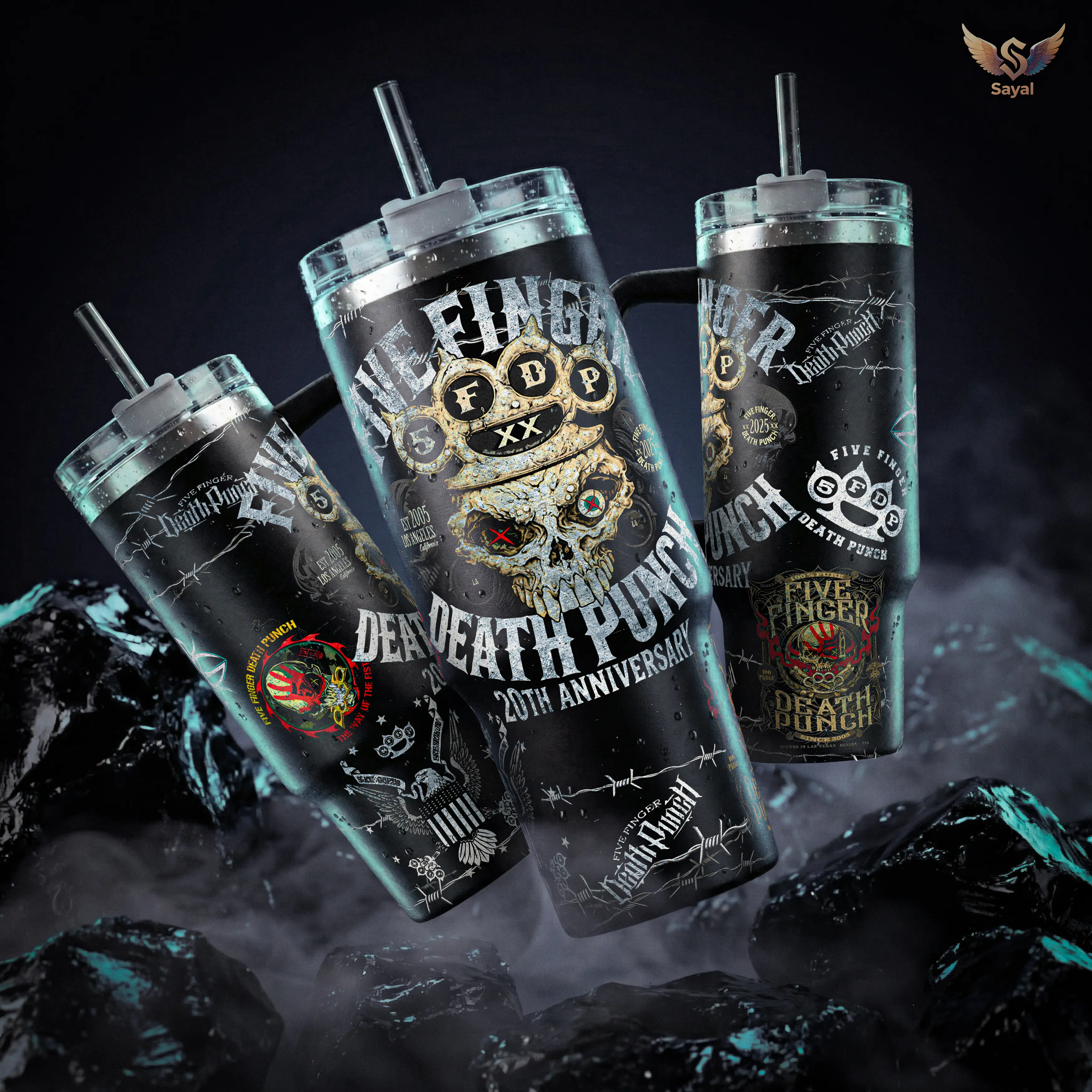 Five Finger Death Punch FFDP 20th Anniversary 40 20 oz Insulated Tumbler Stainless Steel Handle Straw Keeps Drinks Hot Cold Skull Hard Rock Band Merch For Fans Heavy Metal