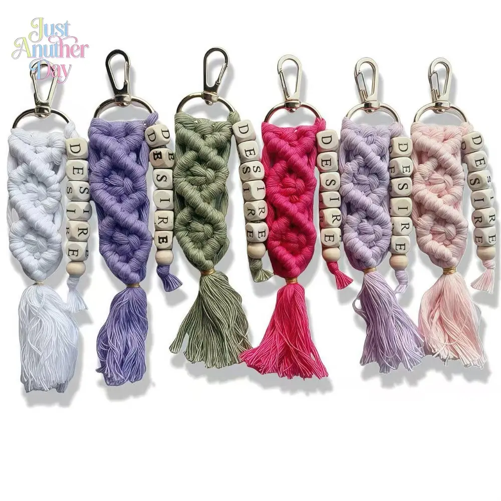 Handwoven Cotton Macrame Keychain - Morandi Color Beaded Letter Keyring with Tassel, Personalized Handmade Accessory for Camping & Hiking Gear, Picnicware Bags & Gifting