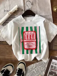Tiktok Sardine Can Print Graphic Round Neck T-Shirt, Loose Oversized Casual Wear, Breathable Cotton Fabric, Home Leisure, Trendy Daily Look