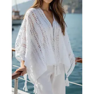 Openwork Tassel Open Front Knit Cover Up