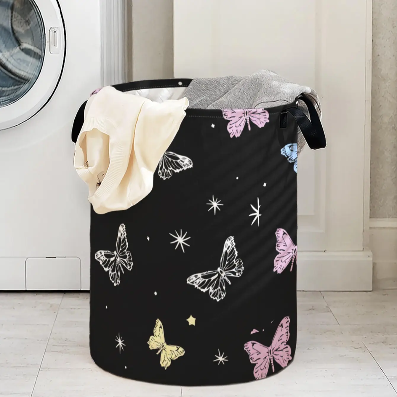 Butterfly Print Laundry Basket with Handle, Durable Foldable Clothes Storage Bin, Large Capacity Toy Organizer, Home Use