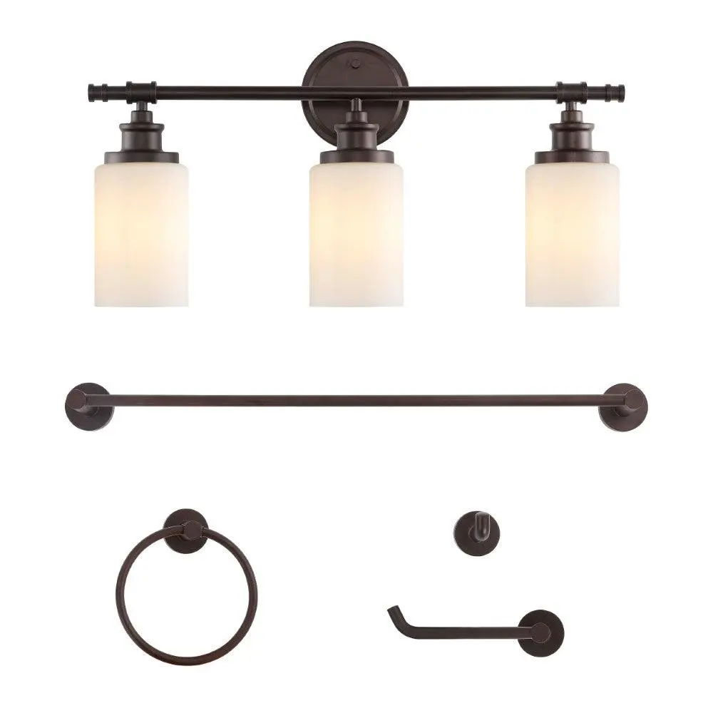 JONATHAN Y Egan 23.25" 3-Light Classic Cottage Vanity Light with Frosted Glass Shades and Bathroom Hardware Accessory Set