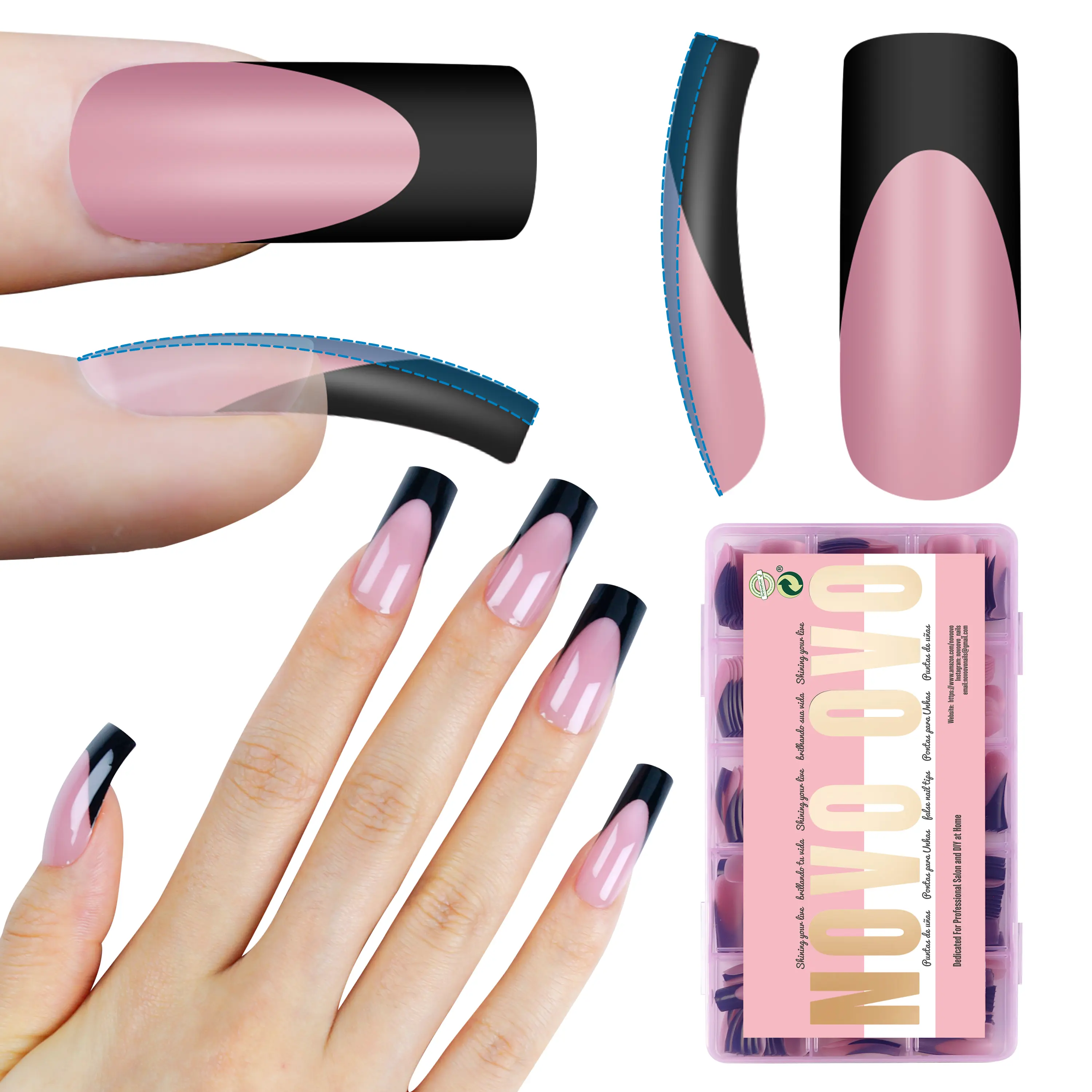 NOVO OVO Halloween Black French Tip Press on Nails - Medium Slightly Curved, Berry Pink Full Cover, Extra Thick M Soft Gel False Nails for Acrylic, Requires Builder Gel Top Coat, No Glue Included, 15 Sizes, 240 Pcs, Acrylic Press On Nails, Nails Press On